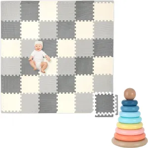 Play Platoon Non-Toxic Kids Play Mats for Floor, Extra-Thick Foam Tiles, Playmat for Toddlers & Childrens Playroom, Wooden Rainbow Stacking Toy Ring, Educational Interactive Learning Toys