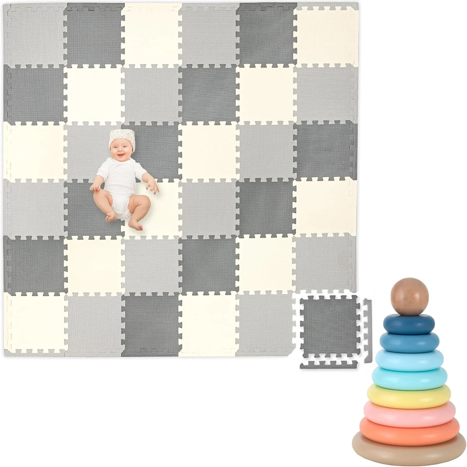 Play Platoon Non-Toxic Kids Play Mats for Floor, Extra-Thick Foam Tiles, Playmat for Toddlers & Childrens Playroom, Wooden Rainbow Stacking Toy Ring, Educational Interactive Learning Toys
