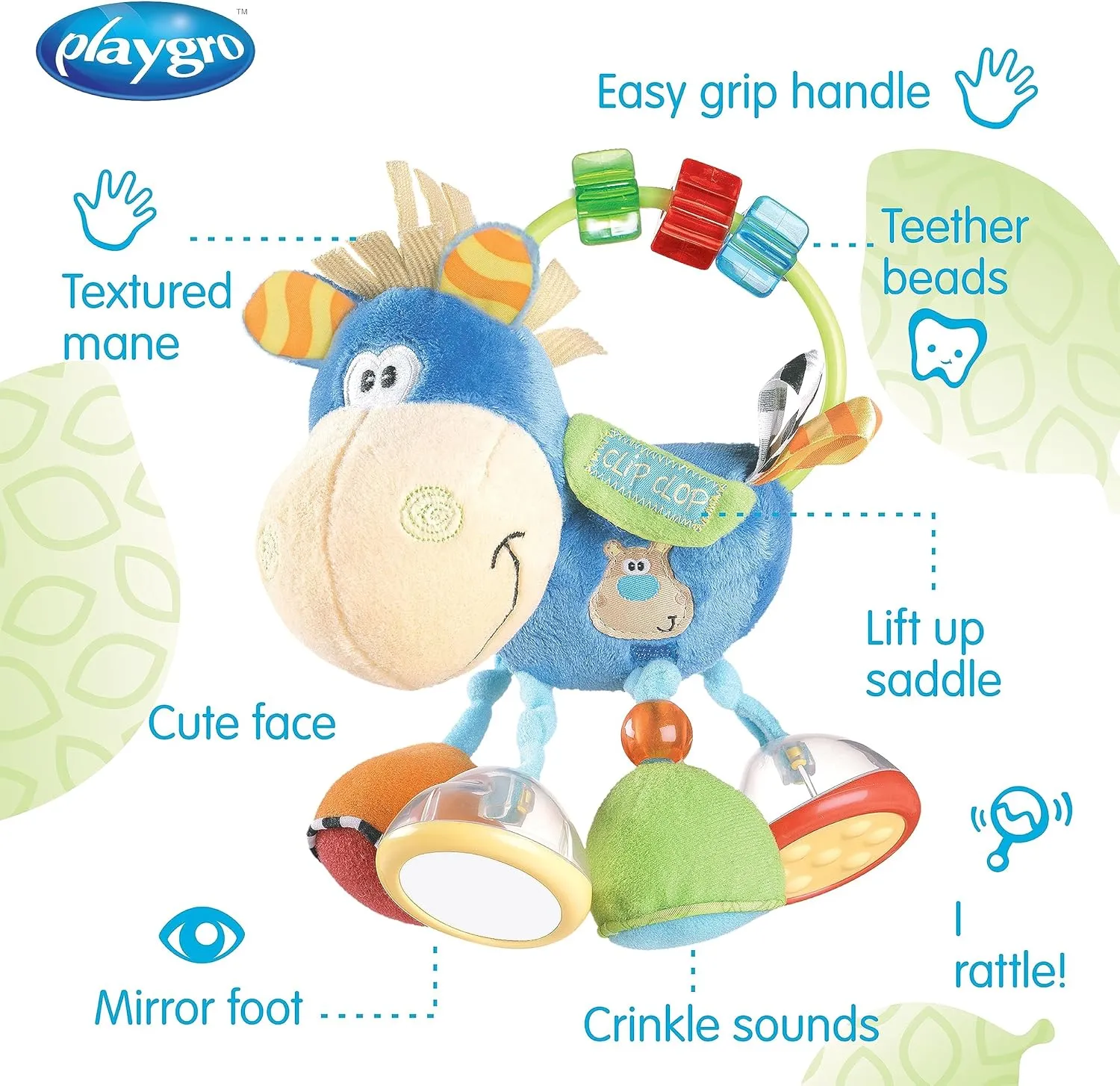 Playgro Soft Baby Toys 3-6-12 Months Developmental, 3  Months Rattles Teething Toys for Babies, Newborn & Infant Sensory Non-Toxic Plush Baby Rattle Clip Clop Activity Gift (Blue Clip Clop)