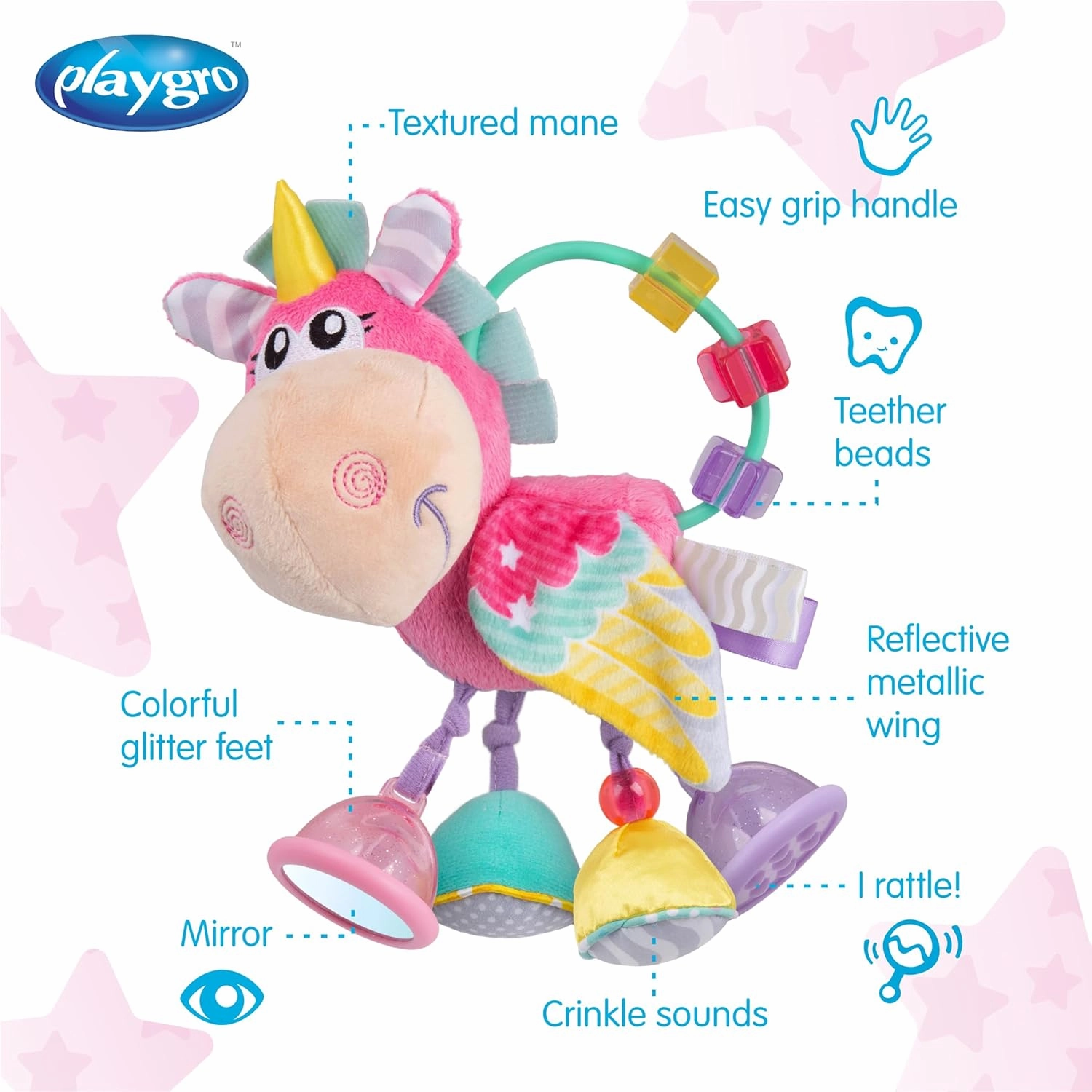 Playgro Unicorn Soft Baby Toys 3-6-12 Months Developmental, 3  Months Rattles Teething Toys for Babies, Newborn & Infant Sensory Non-Toxic Plush Baby Rattle for Boy Girl Clip Clop Activity Gift