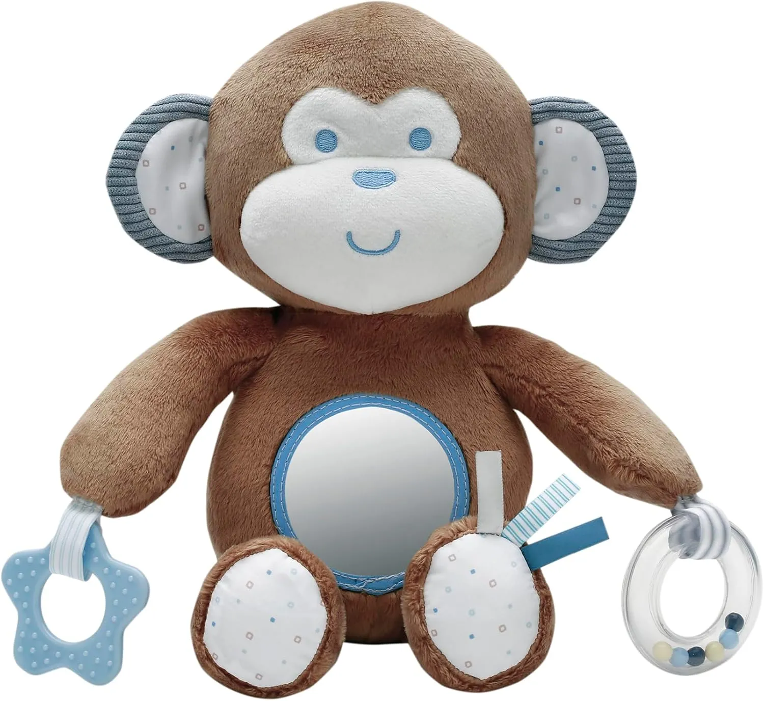 Plush 12.5 inch Monkey Interactive Toy with Baby Mirror, Teether, Rattle, Brown (9 inch Seated)