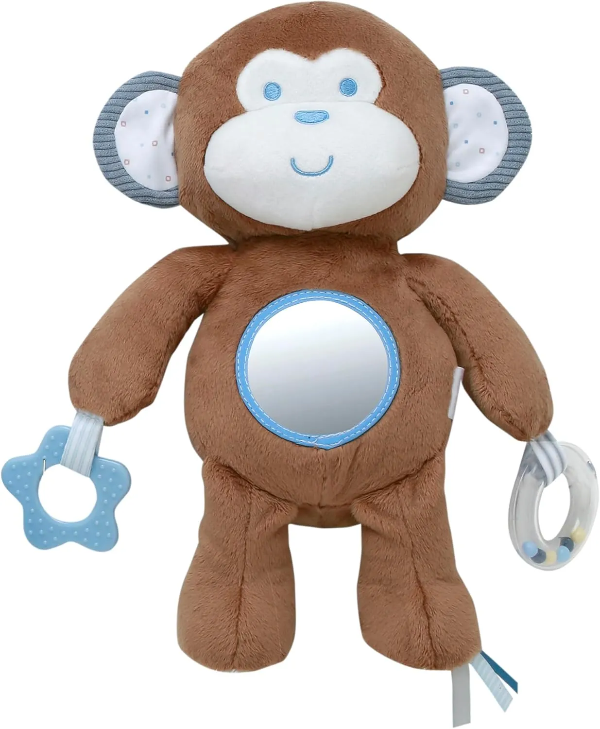 Plush 12.5 inch Monkey Interactive Toy with Baby Mirror, Teether, Rattle, Brown (9 inch Seated)