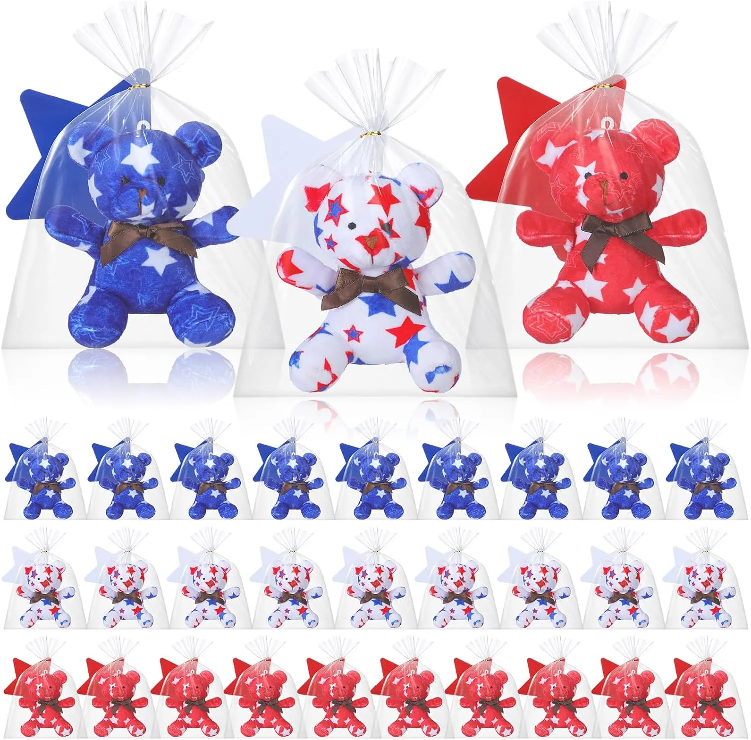 Poen 27 Pack 4th of July Patriotic Stuffed Animals Bears with Red White Blue Star Cards Bulk 4th of July Gifts Mini Soft Stuffed Toys 4" Cute Plush Toy Adults Patriotic Party Favors