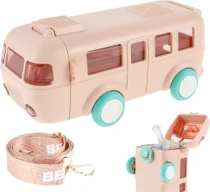 Portable Water Cup in Bus Shape, 16 Oz Car Straw Water Cup, Leak-Proof Detachable Bus Water Bottle with Shoulder Strap, Cute Cartoon Water Jug Toy Locking Flip Lid Water Kettle for Kids (B)