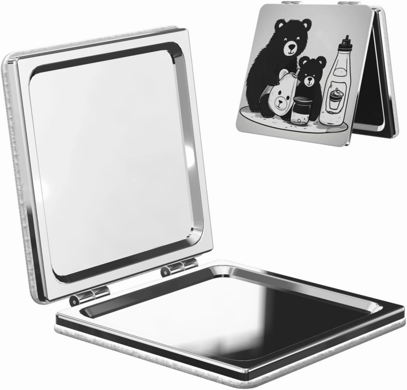 Portable Pocket Makeup Mirror Cute Milk Bottle Bear Travel Cosmetic Mirror Square Print Magnifying Compact Mirror for Eyelash