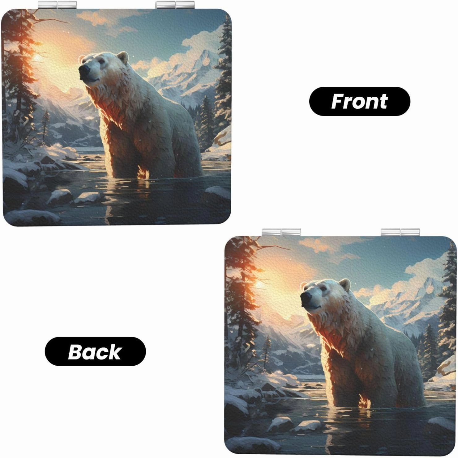 Portable Pocket Makeup Mirror Polar Bear in Winter Travel Cosmetic Mirror Square Print Magnifying Compact Mirror for Eyelash