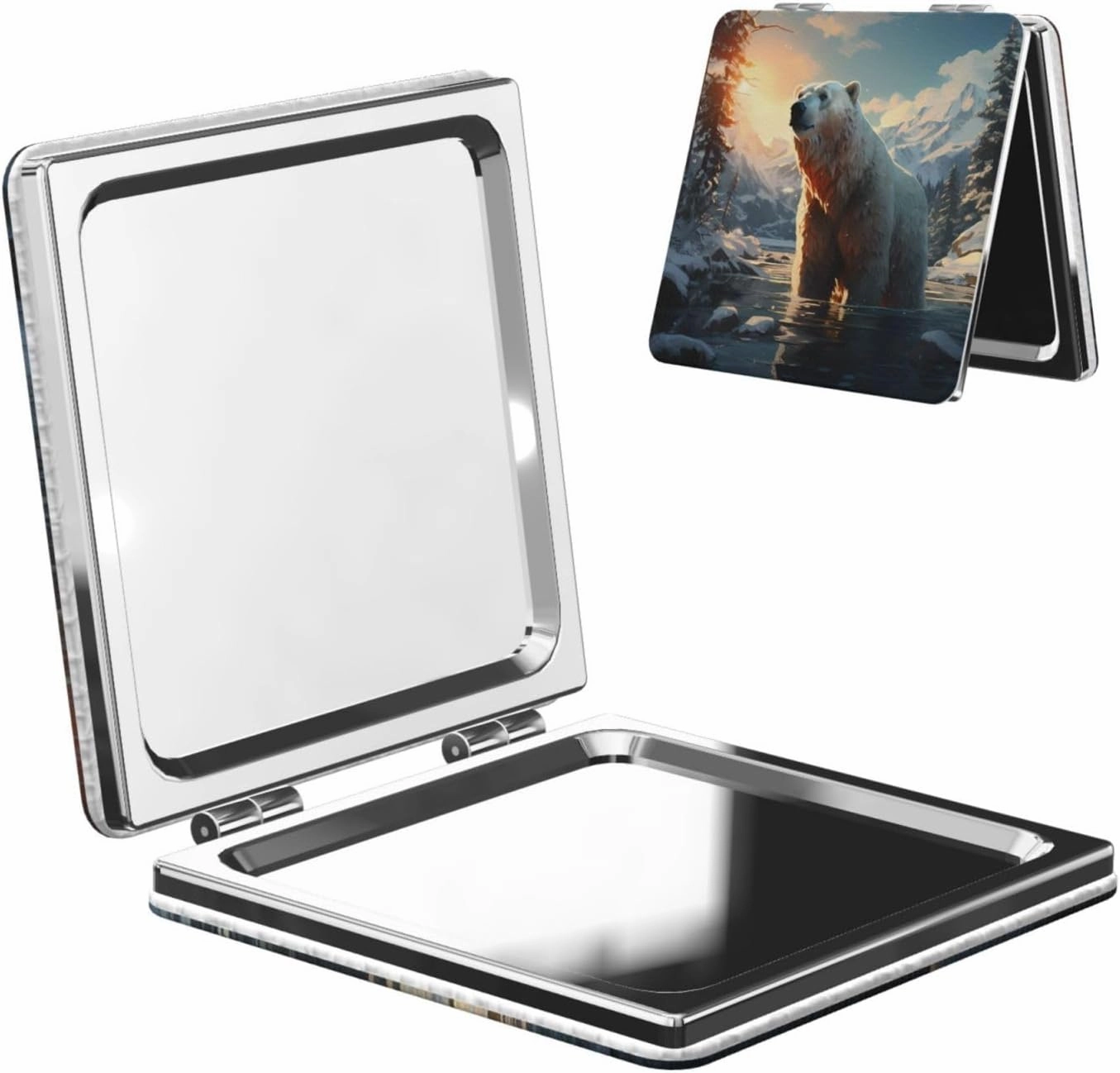 Portable Pocket Makeup Mirror Polar Bear in Winter Travel Cosmetic Mirror Square Print Magnifying Compact Mirror for Eyelash