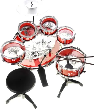 PowerTRC Musical Drum Instrument Set | Toy Drum for Kids | Set Includes 6 Drums, Cymbal, Chair, Kick Pedal, Drumsticks | Red