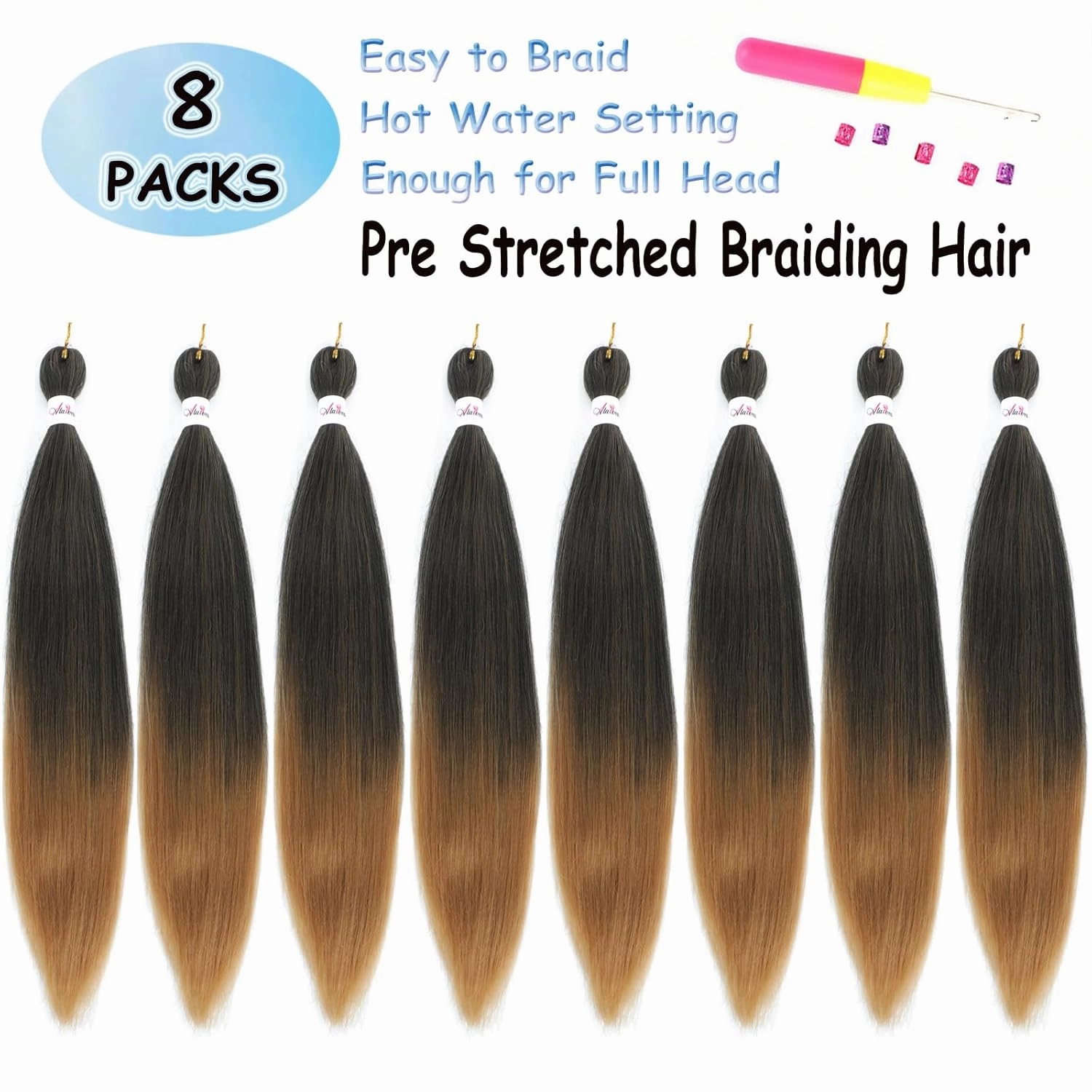 Pre Stretched Braiding 26inch 8 Packs Braiding Hair Pre Stretched Crochet Braiding Hair Hot Water Setting Synthetic Hair Extension for Braids (Ombre T1b/27, 26inch)
