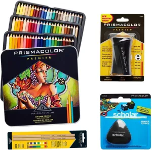 Prismacolor 72-Count Colored Pencils, Triangular Scholar Pencil Eraser, Premier Pencil Sharpener, and Colorless Blender Pencils
