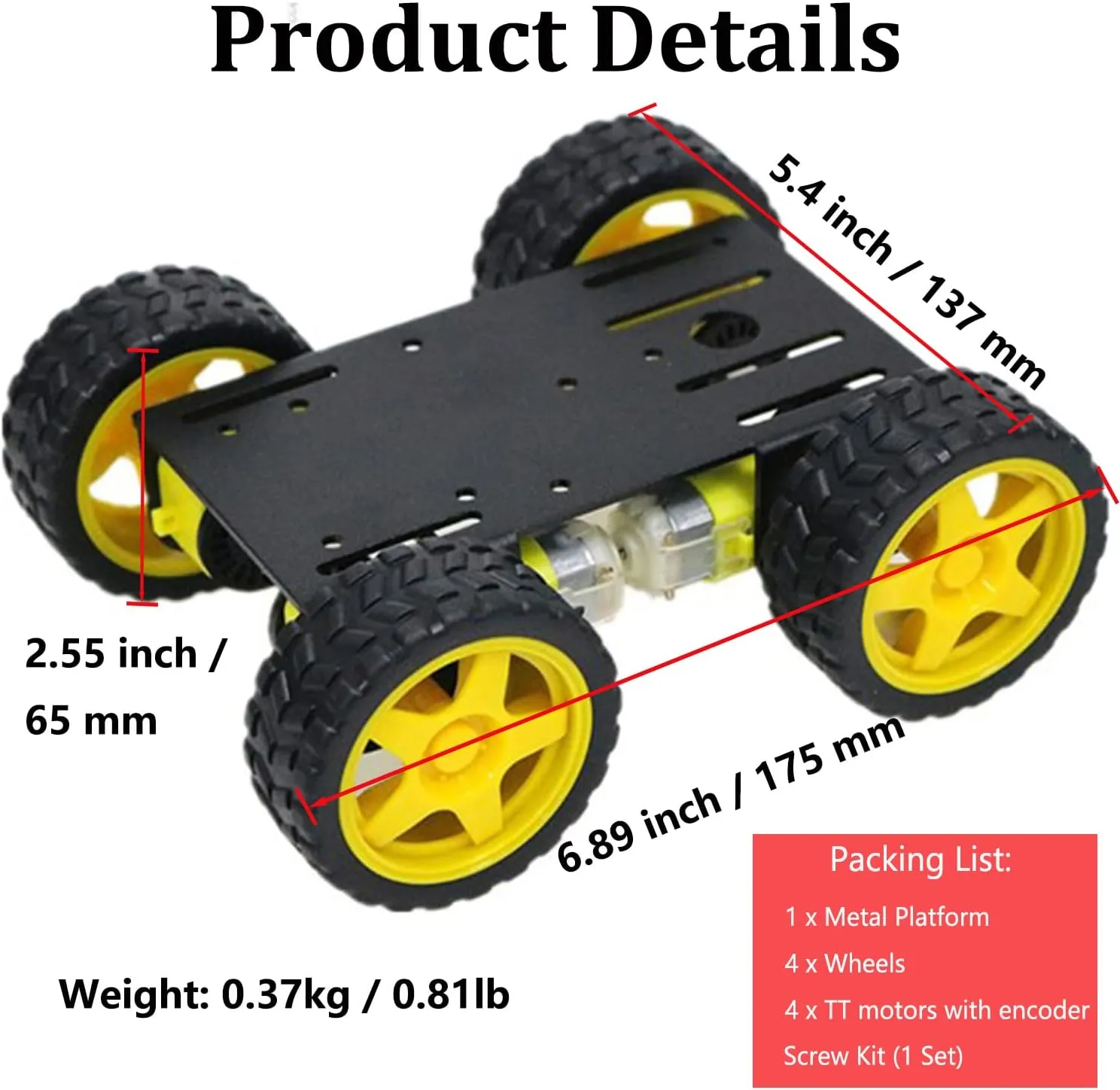 Professional 4WD Robot Smart Car Chassis Kit C101 with Speed Encoder TT Motor, Metal Wheeled Robotic Model Sciences Experiment Platform for Arduino/Raspberry Pie/Microbit STEAM Competition