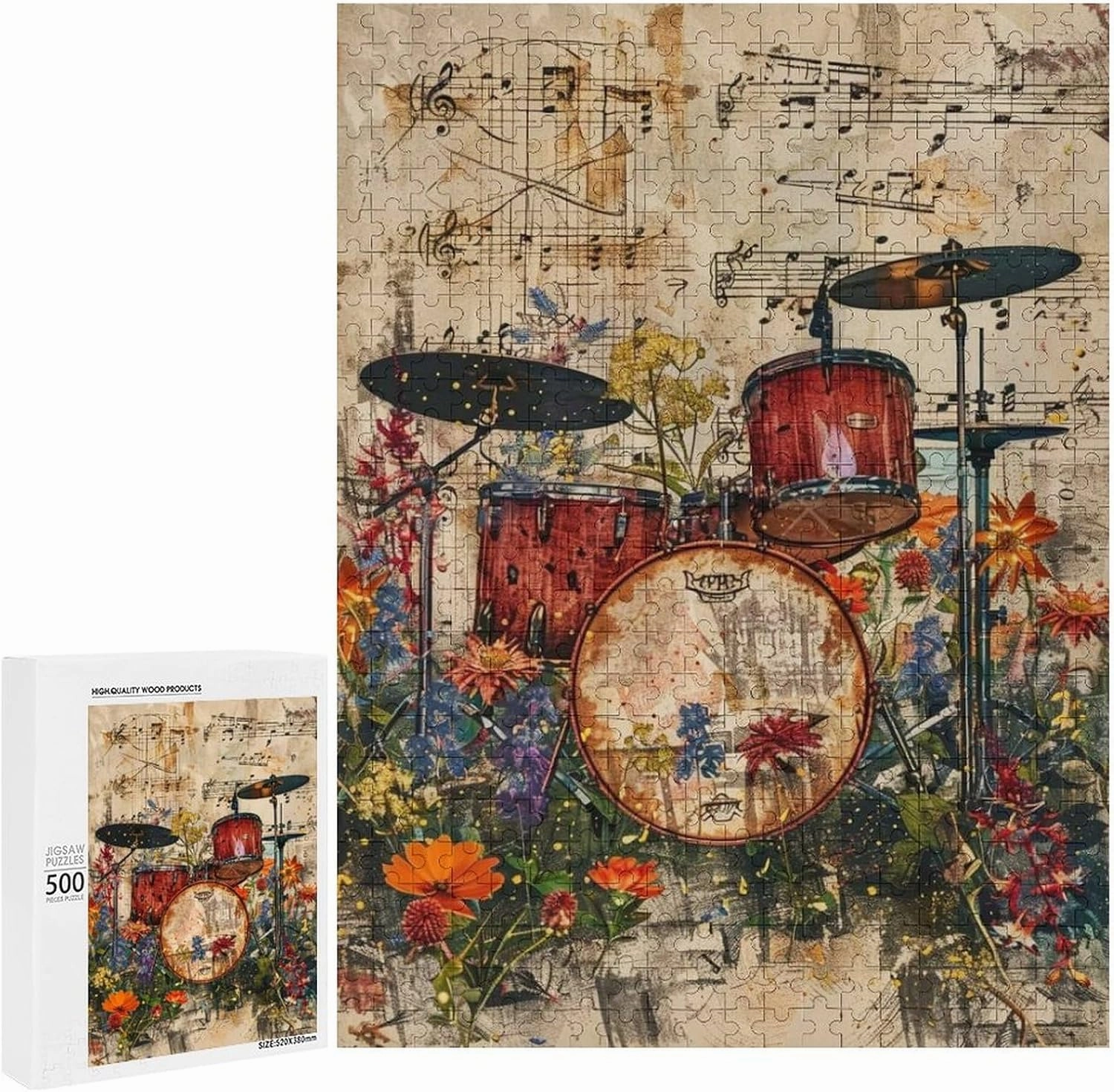 Puzzles for Adults 500 Pieces - Drum Flowers Musical Instruments Funny Educational Kids Puzzles,Children Puzzle Games Toys for Girls and Boys