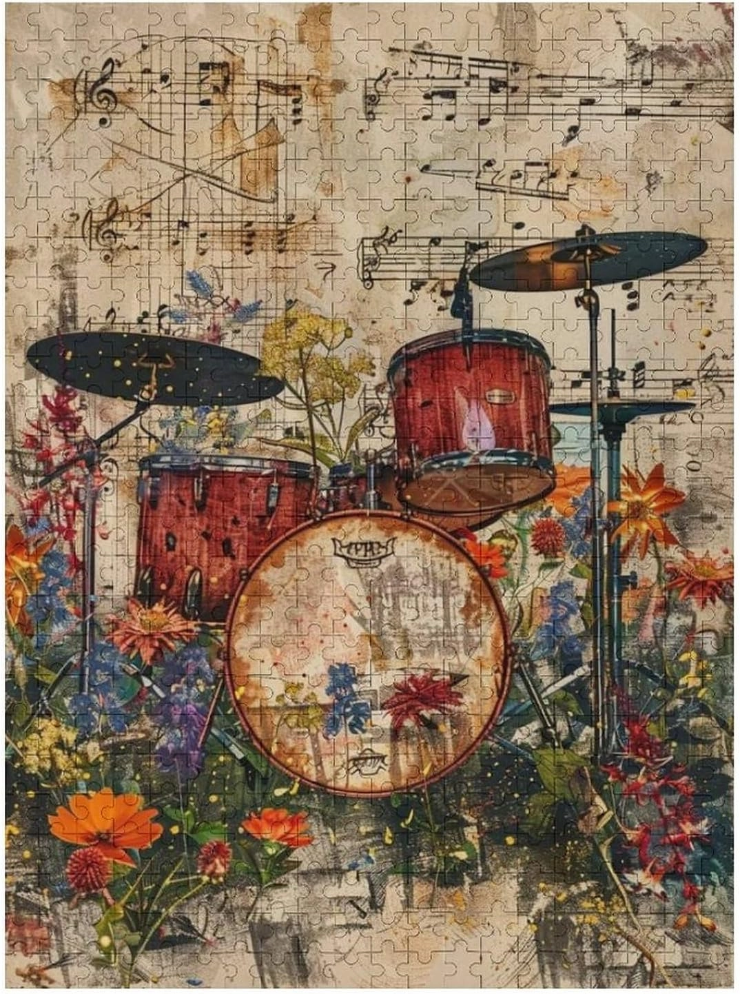 Puzzles for Adults 500 Pieces - Drum Flowers Musical Instruments Funny Educational Kids Puzzles,Children Puzzle Games Toys for Girls and Boys