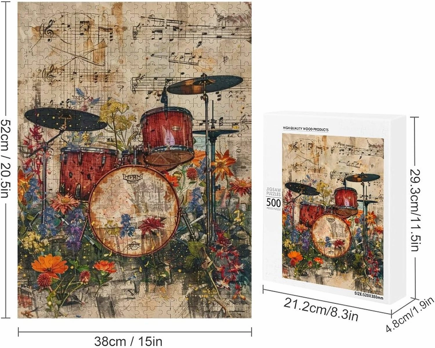 Puzzles for Adults 500 Pieces - Drum Flowers Musical Instruments Funny Educational Kids Puzzles,Children Puzzle Games Toys for Girls and Boys