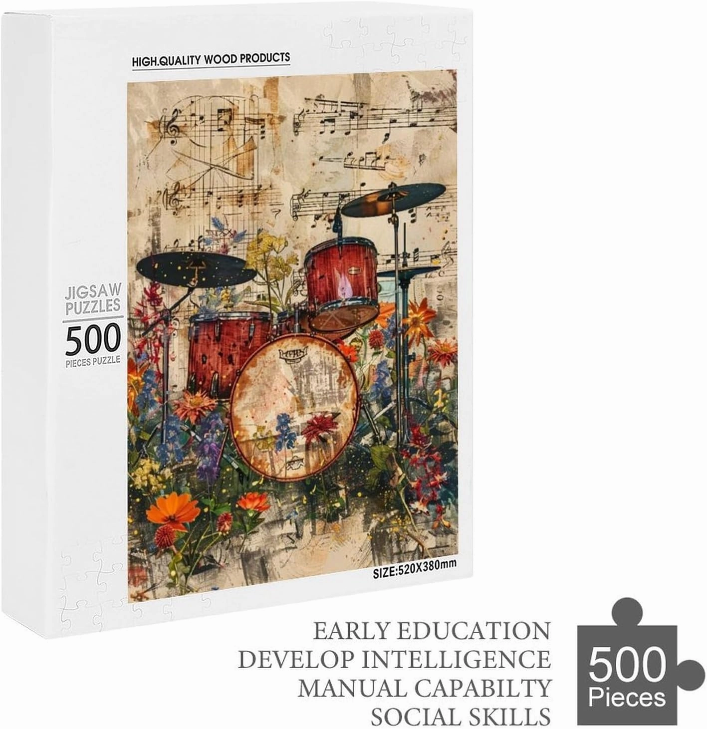 Puzzles for Adults 500 Pieces - Drum Flowers Musical Instruments Funny Educational Kids Puzzles,Children Puzzle Games Toys for Girls and Boys