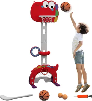 Qaba 5-in-1 Kids Basketball Hoop, Toddler Sports Activity Center, 5 Level Adjustable Height Basketball Goal with Soccer, Golf, Ring Toss & Throw Ball Game for Boys Girls 3-6 Years Indoor, Red