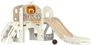 Qaba 7-in-1 Toddler Slide Playset, Kids Slide for Ages 1-6 Years with Ring Toss, Basketball Hoop, Telescope, Indoor Playground with Climber, Storage Space, Crawl Tunnel, Cream White