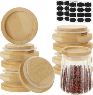 QTLCOHD 18 Pack Oui Yogurt Jar Lids, Wide Mouth Bamboo Wooden Lids Compatible with Oui Yogurt Jars, Round Reusable Storage Canning Lids with Silicone Sealing Rings and Label