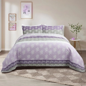 Quilt Set Queen Size - Queen Quilts Bedding Set, 100% Cotton Reversible Luxury Comforter Set, Farmhouse Floral Boho Striped Patchwork Bedspreads Set with Shams for All Season - Purple