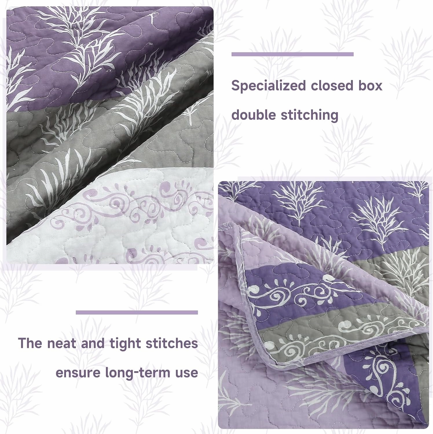 Quilt Set Queen Size - Queen Quilts Bedding Set, 100% Cotton Reversible Luxury Comforter Set, Farmhouse Floral Boho Striped Patchwork Bedspreads Set with Shams for All Season - Purple