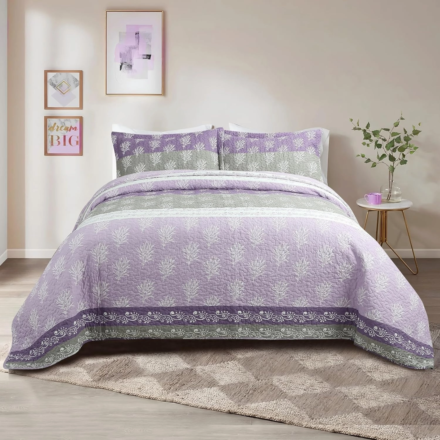Quilt Set Queen Size - Queen Quilts Bedding Set, 100% Cotton Reversible Luxury Comforter Set, Farmhouse Floral Boho Striped Patchwork Bedspreads Set with Shams for All Season - Purple