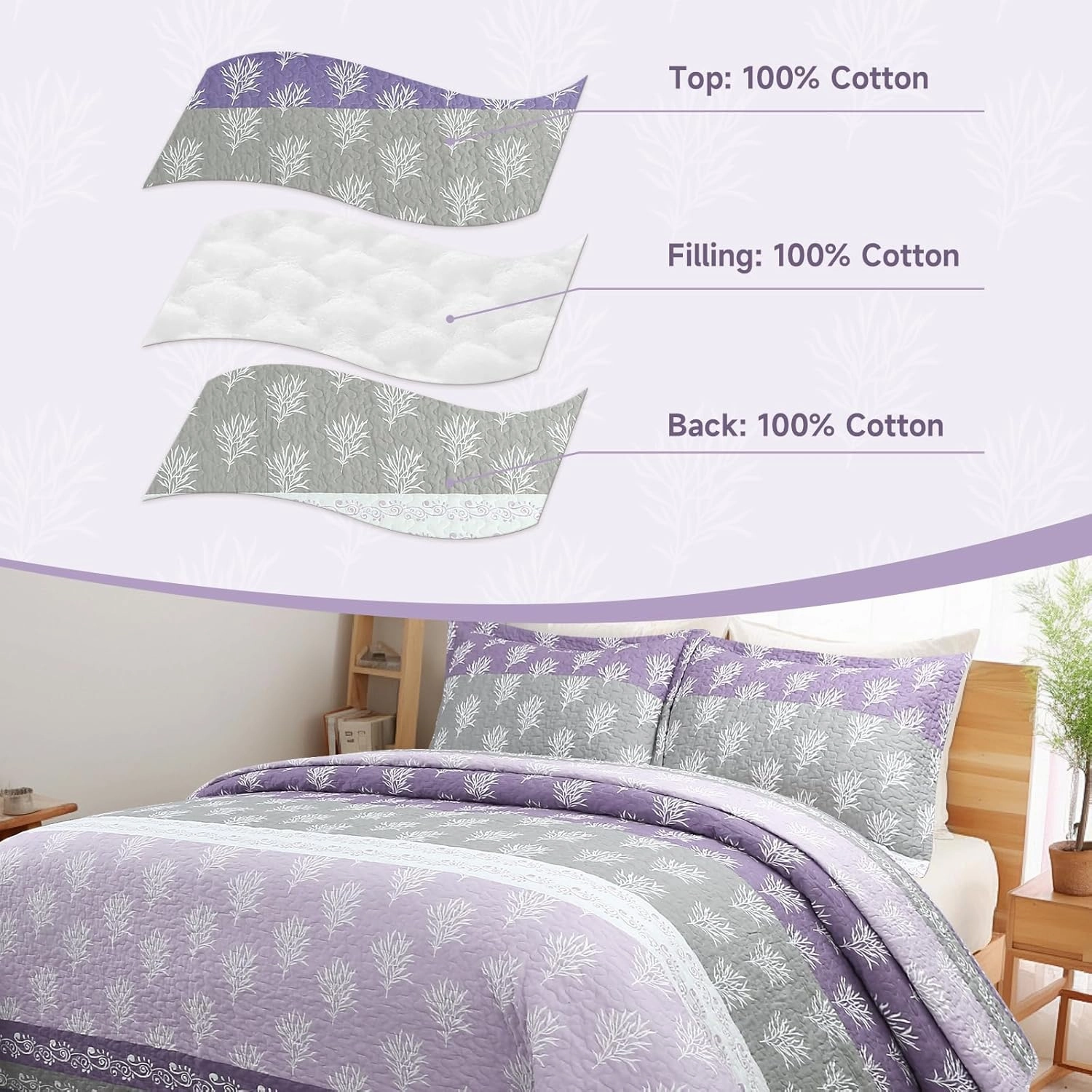 Quilt Set Queen Size - Queen Quilts Bedding Set, 100% Cotton Reversible Luxury Comforter Set, Farmhouse Floral Boho Striped Patchwork Bedspreads Set with Shams for All Season - Purple