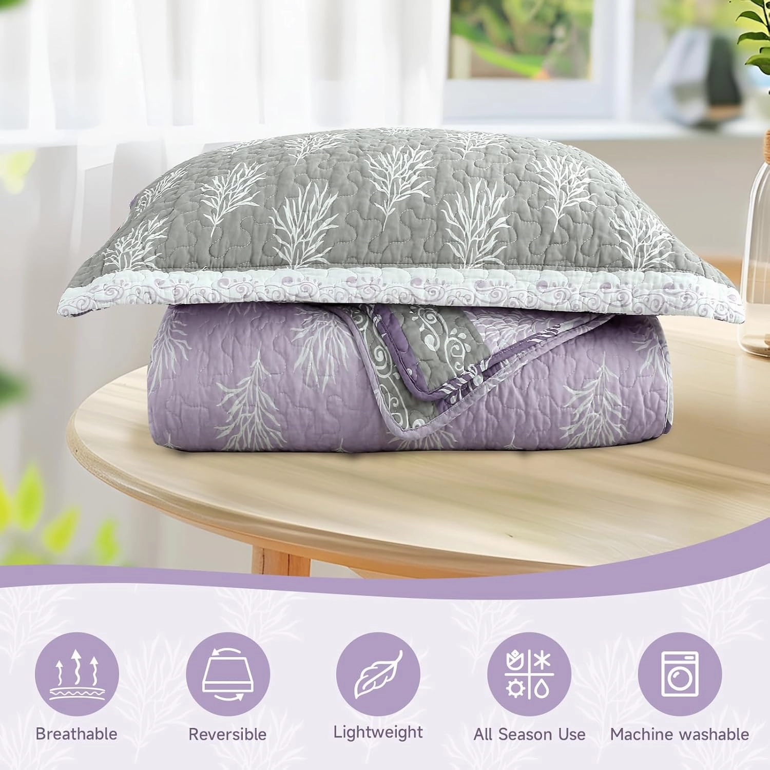Quilt Set Queen Size - Queen Quilts Bedding Set, 100% Cotton Reversible Luxury Comforter Set, Farmhouse Floral Boho Striped Patchwork Bedspreads Set with Shams for All Season - Purple