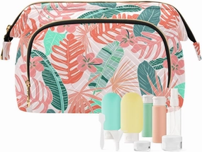 Quilted Cosmetic Bag Bright Pink Palm Leaves Flowers Wide Open Makeup Organizer Pouch for Women Travel Daily Use
