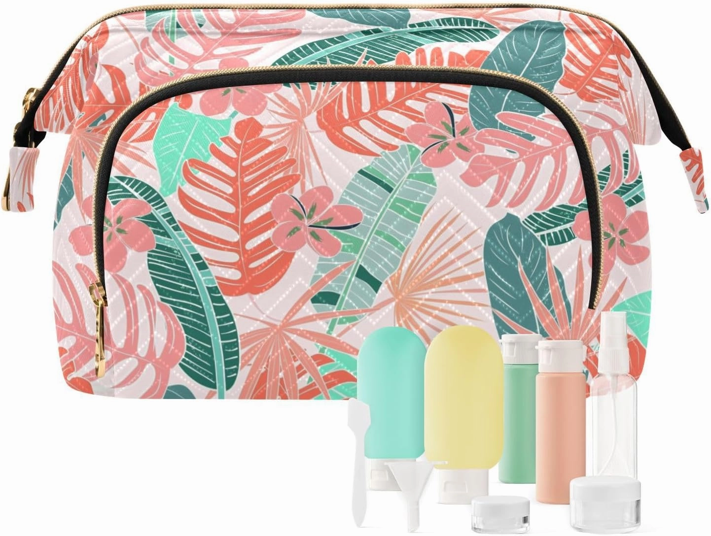 Quilted Cosmetic Bag Bright Pink Palm Leaves Flowers Wide Open Makeup Organizer Pouch for Women Travel Daily Use