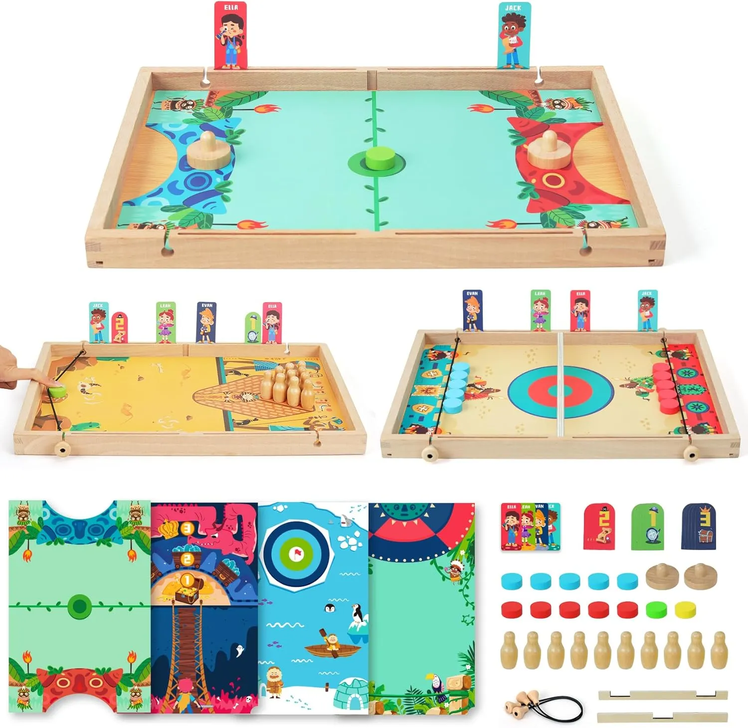 QZMTOY Large Fast Sling Puck Game Air Hocky Table Game Bowling Games -10 in 1 Family Games for Boys Girls,Teens,Adults,Wooden Hockey Board Game for 3  Years Old Kids