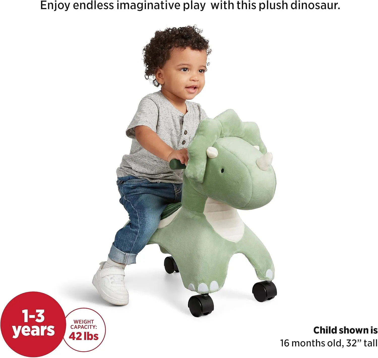 Radio Flyer Dash The Rolling Dinosaur, Ride On Toy for Toddlers Ages 1-3, Green Dinosaur Toy for Kids