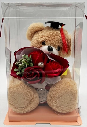 RBN Graduation Bear Gift Bouquet with Display Case Graduate Hat Teddy Bear Forever Roses Artificial Flower Gift for Daughter Friend Nurse (RED)