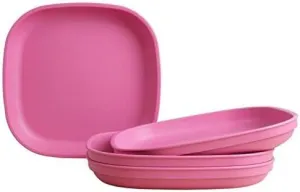 Re-Play Toddler Plates - 32 Oz. Deep-Walled Flat Kids Plates - Dishwasher & Microwave Safe - Made in USA - Set of 4-9" x 9" x 1.25" - Bright Pink