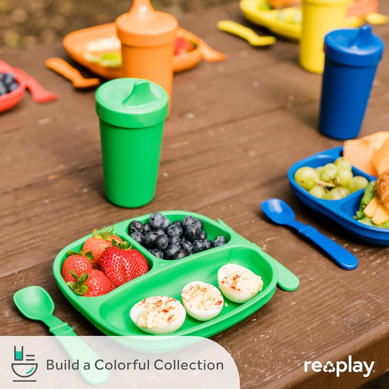 Re-Play Toddler Plates with Dividers - Deep-Walled 3 Compartments Divided Plates for Kids with 3 Lids - Dishwasher & Microwave Safe - Made in USA - Set of 3-7.37" x 7.37" x 1.25" - Bluesy