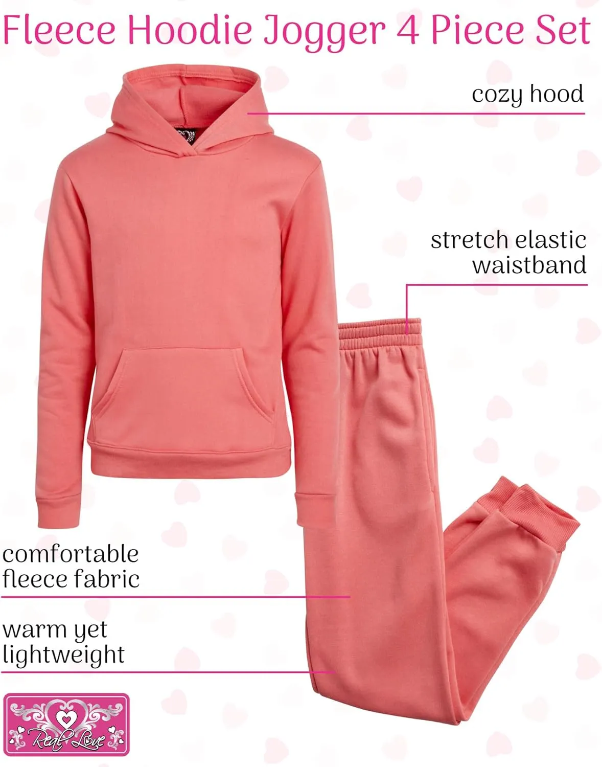 Real Love Girls' Active Sweatsuit - 4 Piece Fleece Pullover Hoodie and Sweatpants - Jogger Pants Set for Girls (7-16)