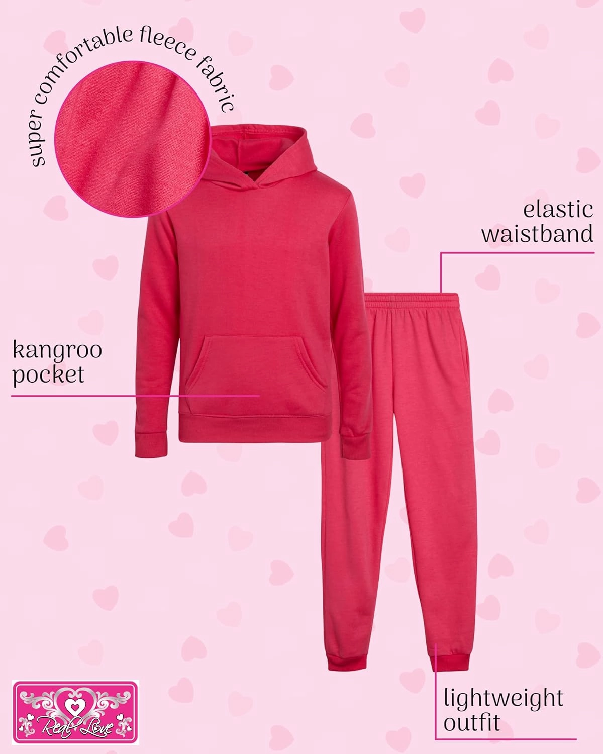 Real Love Girls' Jogger Set - 2 Piece Basic Fleece Pullover Hoodie and Sweatpants (7-16)