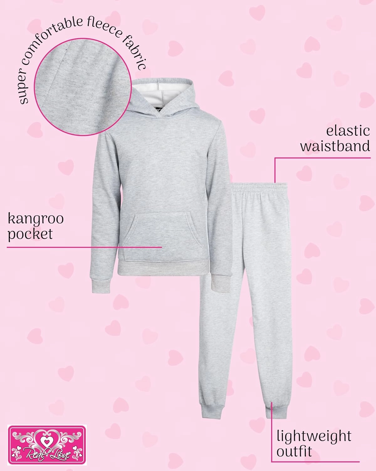 Real Love Girls' Jogger Set - 2 Piece Basic Fleece Pullover Hoodie and Sweatpants (7-16)