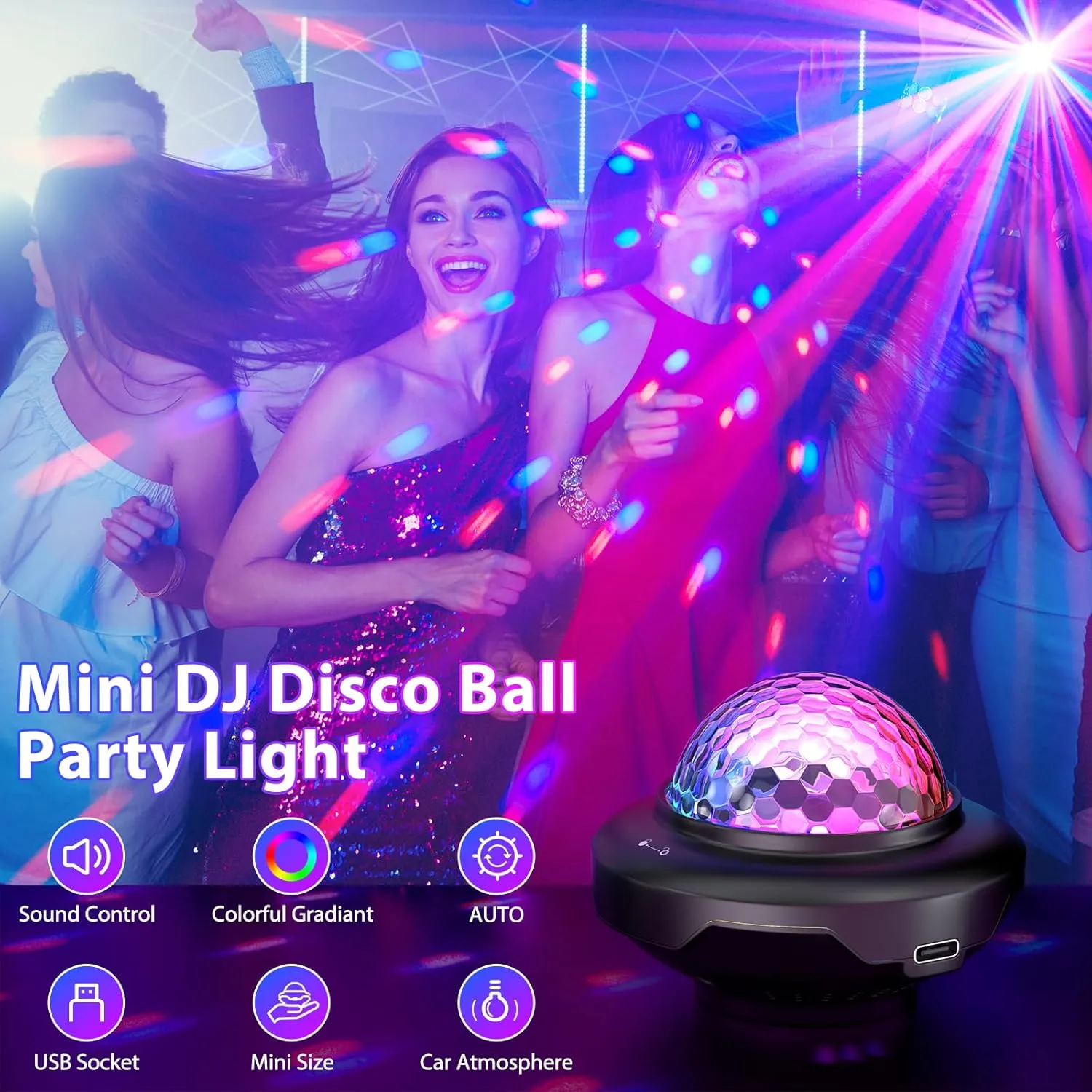 Rechargeable Disco Ball, Battery Powered Party Lights, Strobe Lights with Auto Sound Activated DJ Lighting for Indoors, Party, Wedding, Events, Karaoke, Dance, Bars, Home, Room (2pcs)