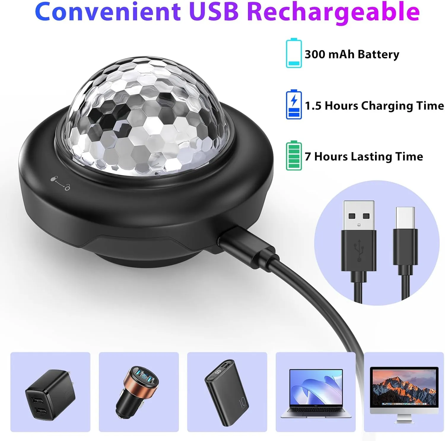 Rechargeable Disco Ball, Battery Powered Party Lights, Strobe Lights with Auto Sound Activated DJ Lighting for Indoors, Party, Wedding, Events, Karaoke, Dance, Bars, Home, Room (2pcs)