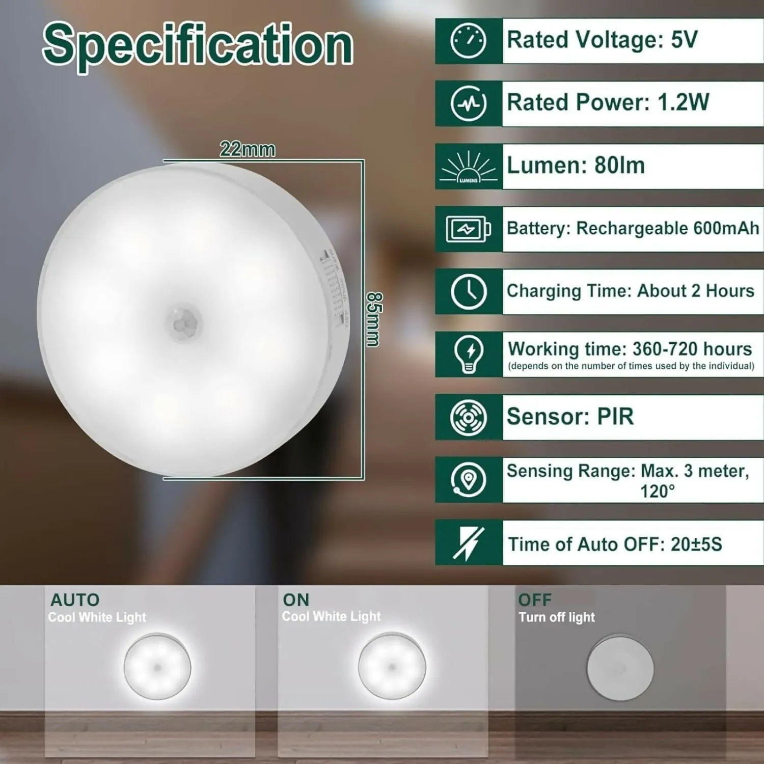 Rechargeable Motion Sensor LED Light – Wireless, Magnetic, Self-Adhesive (Single Piece)
