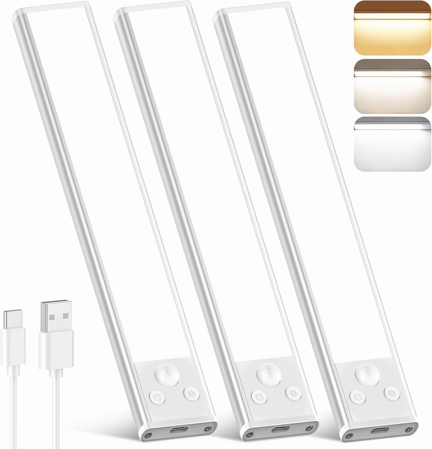 Rechargeable Motion Sensor Under Cabinet Lights, 2500mAh Battery Operated Wireless Under Counter Lights Indoor, Magnetic 108-LED Dimmable Closet Lights for Kitchen with 3 Color Temperature, 3 Packs