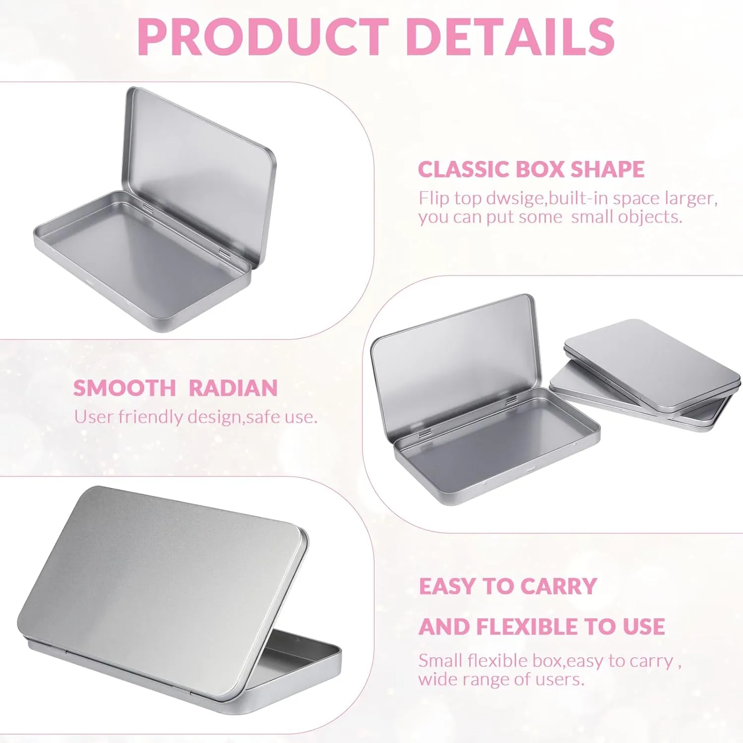 Rectangular Metal Tin Box with Lid Metal Hinged Lid Tin Empty Box Container Silver Storage for Watercolor Jewelry Pen Eraser Pill Candy Craft Organize 7 x 4.25 x 0.59''(20 Pieces)