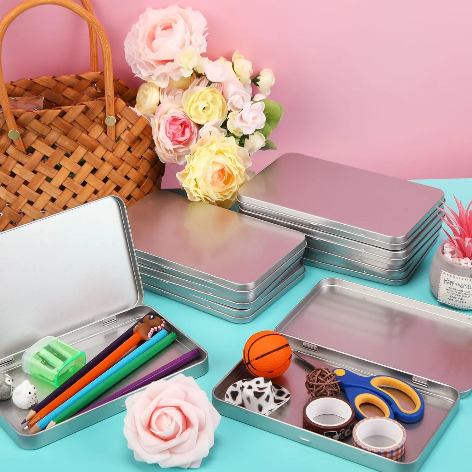 Rectangular Metal Tin Box with Lid Metal Hinged Lid Tin Empty Box Container Silver Storage for Watercolor Jewelry Pen Eraser Pill Candy Craft Organize 7 x 4.25 x 0.59''(20 Pieces)