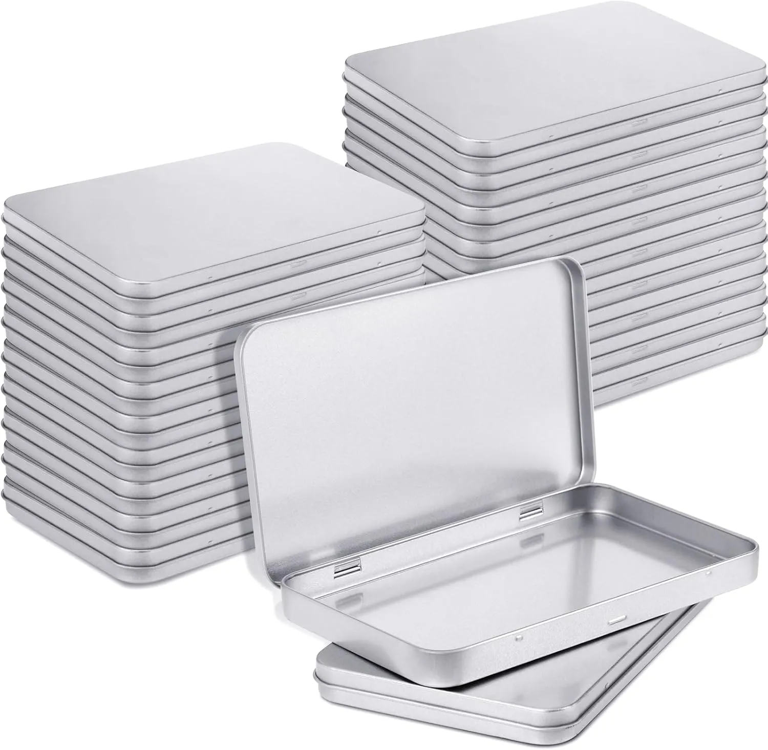 Rectangular Metal Tin Box with Lid Metal Hinged Lid Tin Empty Box Container Silver Storage for Watercolor Jewelry Pen Eraser Pill Candy Craft Organize 7 x 4.25 x 0.59''(20 Pieces)