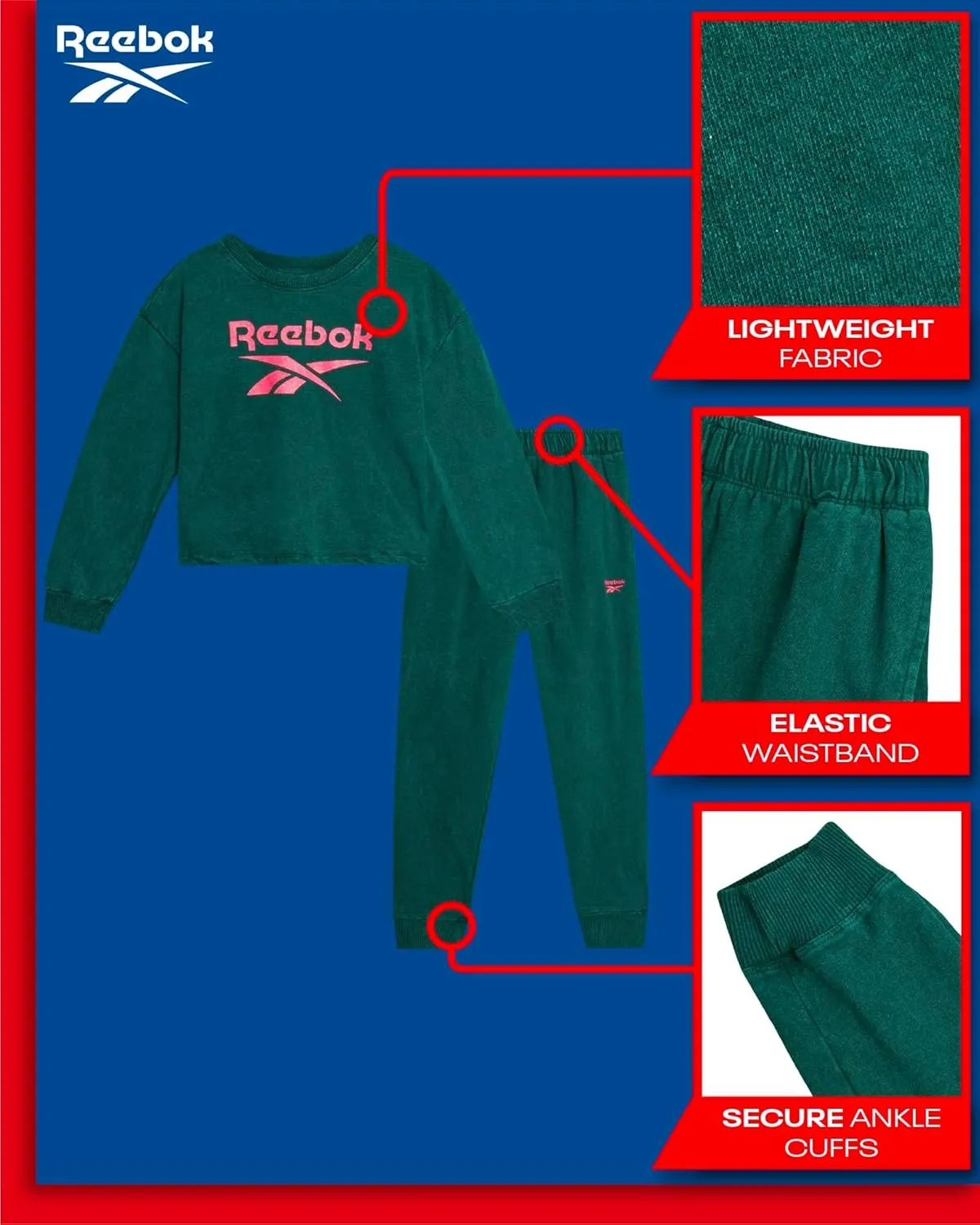 Reebok Girls' Sweatsuit Set - 2 Piece Fleece Hoodie and Jogger Sweatpants (Size: 7-12)