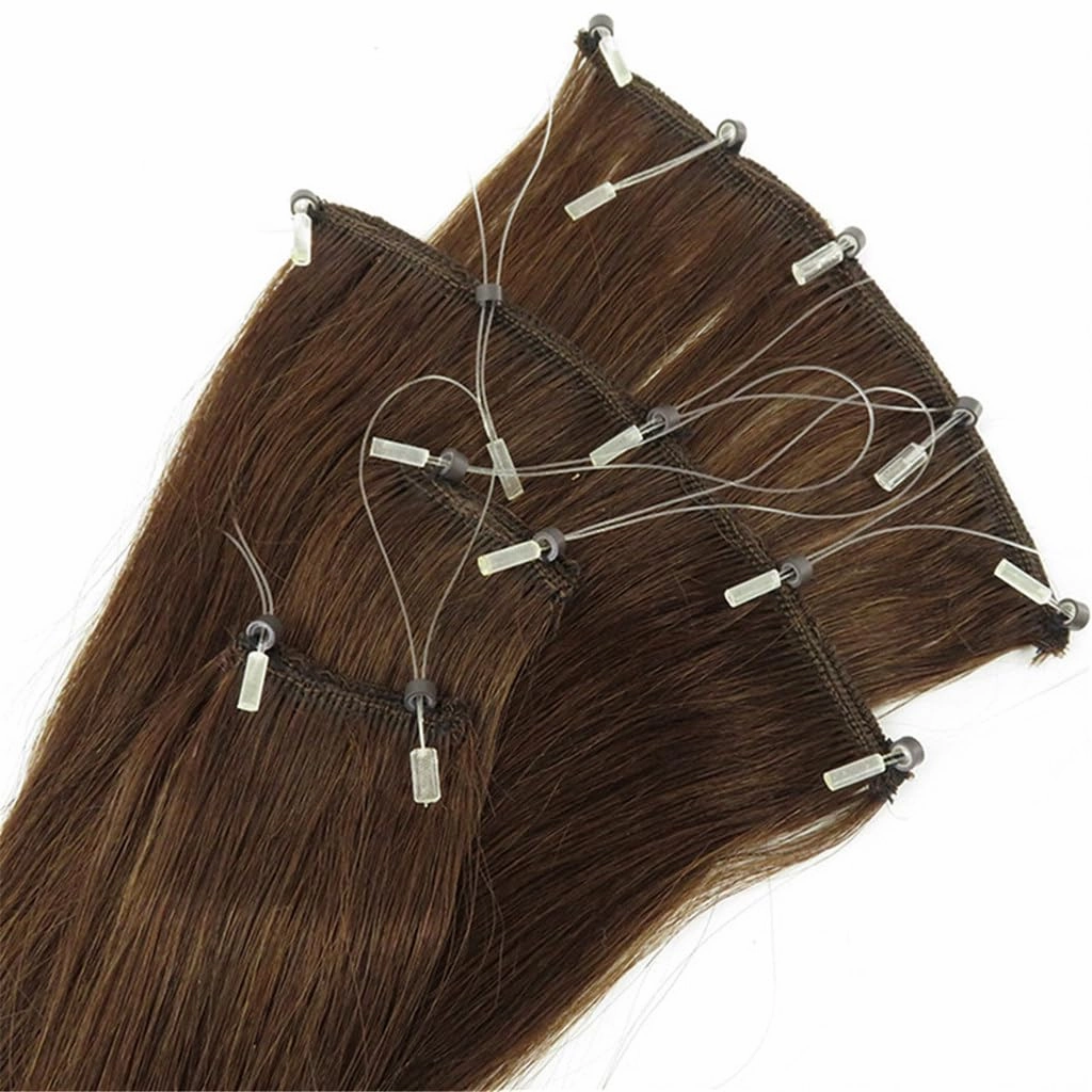 Remeehi 10"-16" One Step Weft Invisible Wire Hair Extensions Mirco Loop Human Hair Extensions Clip in Hair Extensions 7 Pieces Straight 60g for Thinning or Fine Hair 10 inch 4# Medium Brown