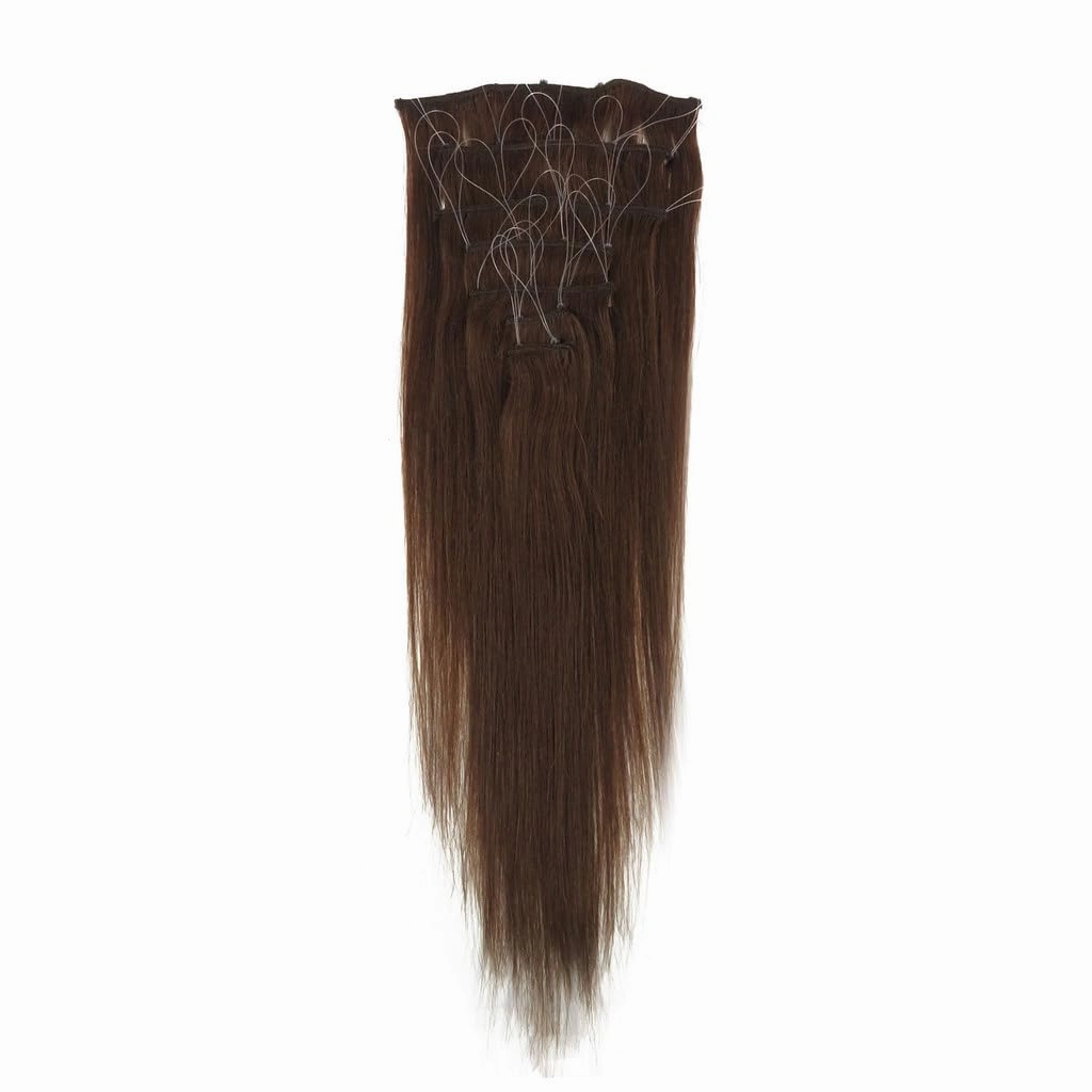 Remeehi 10"-16" One Step Weft Invisible Wire Hair Extensions Mirco Loop Human Hair Extensions Clip in Hair Extensions 7 Pieces Straight 60g for Thinning or Fine Hair 10 inch 6# Chestnut Brown
