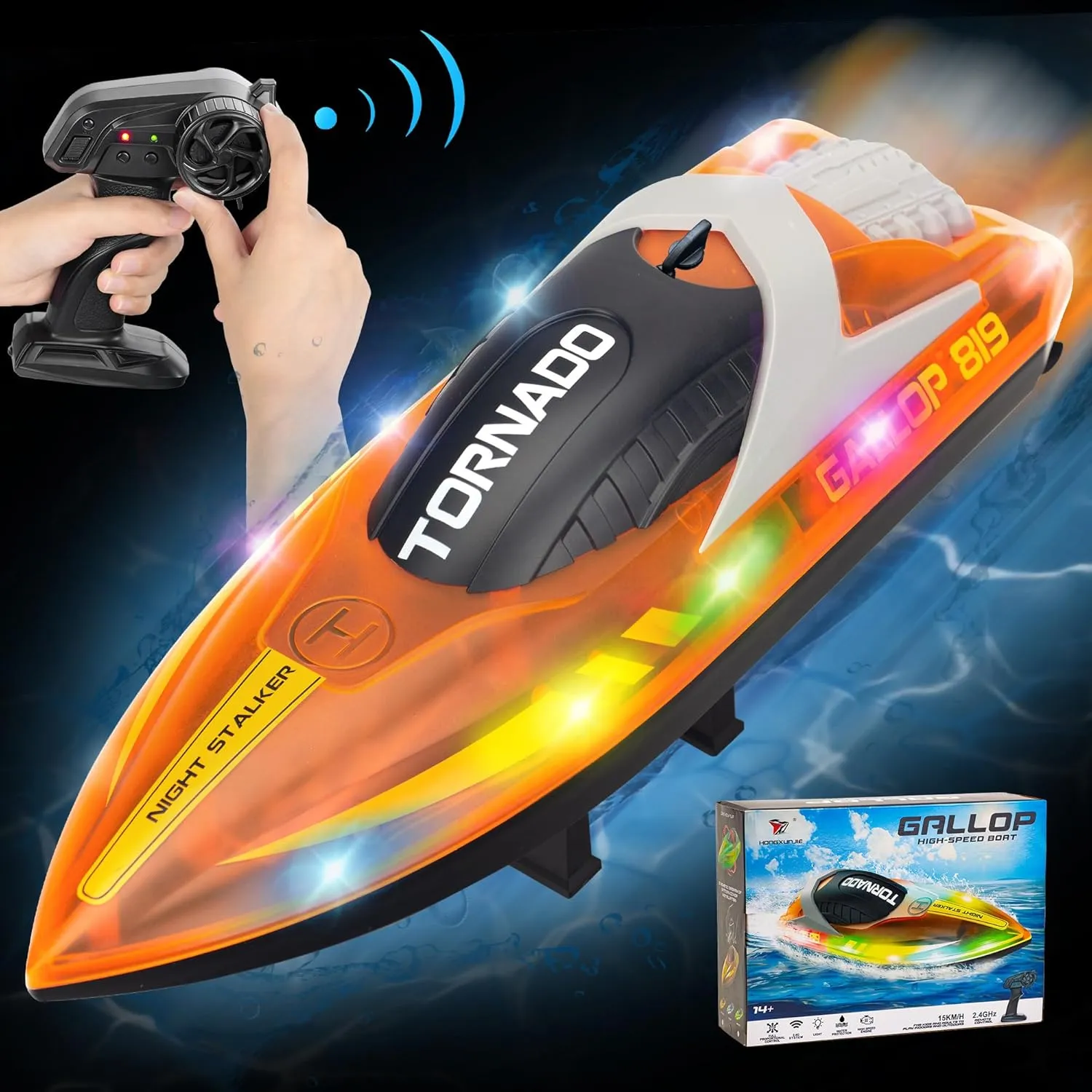 Remote Control Boats for 8-12, 15  MPH Fast RC Boat with LED Lights, 2.4G RC Electric Speed Boats Pool and Lakes Toys for Kids