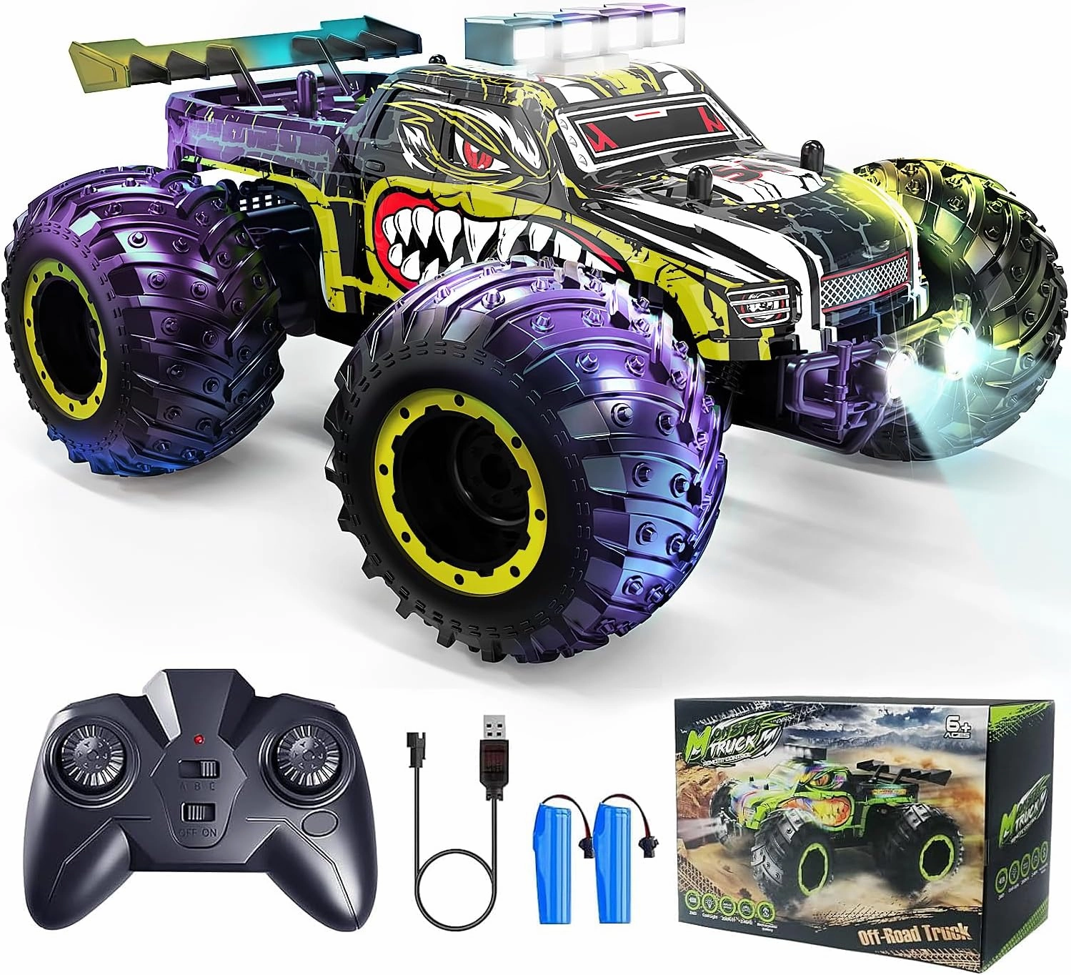 Remote Control Car, Remote Control Truck, 2.4Ghz All Terrain Off-Road Monster Truck, 20 KM/H Rc Cars with LED Bodylight and 2 Rechargeable Batteries Toys for Boys and Girls 4-7 8-12 Years Old(Yellow)