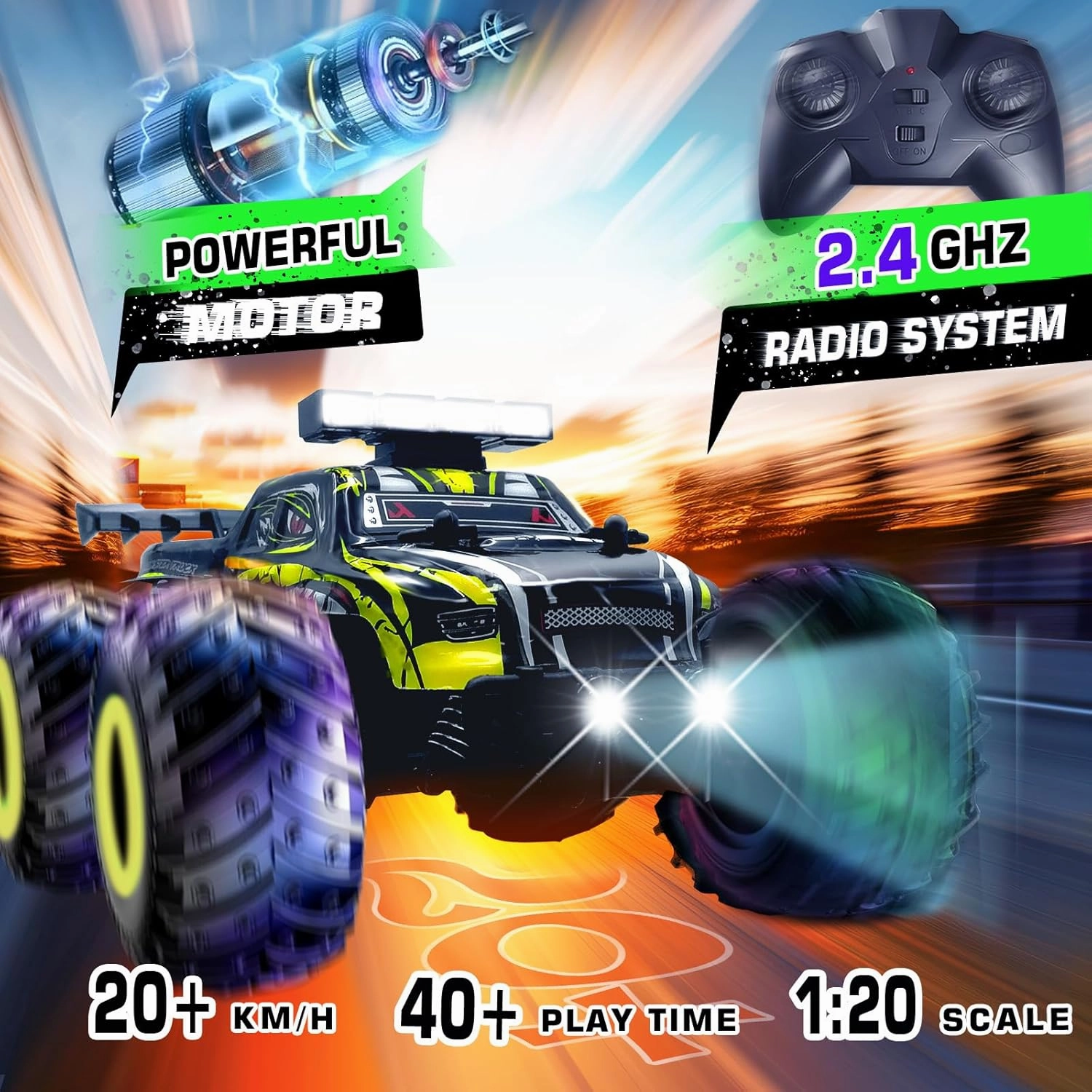 Remote Control Car, Remote Control Truck, 2.4Ghz All Terrain Off-Road Monster Truck, 20 KM/H Rc Cars with LED Bodylight and 2 Rechargeable Batteries Toys for Boys and Girls 4-7 8-12 Years Old(Yellow)